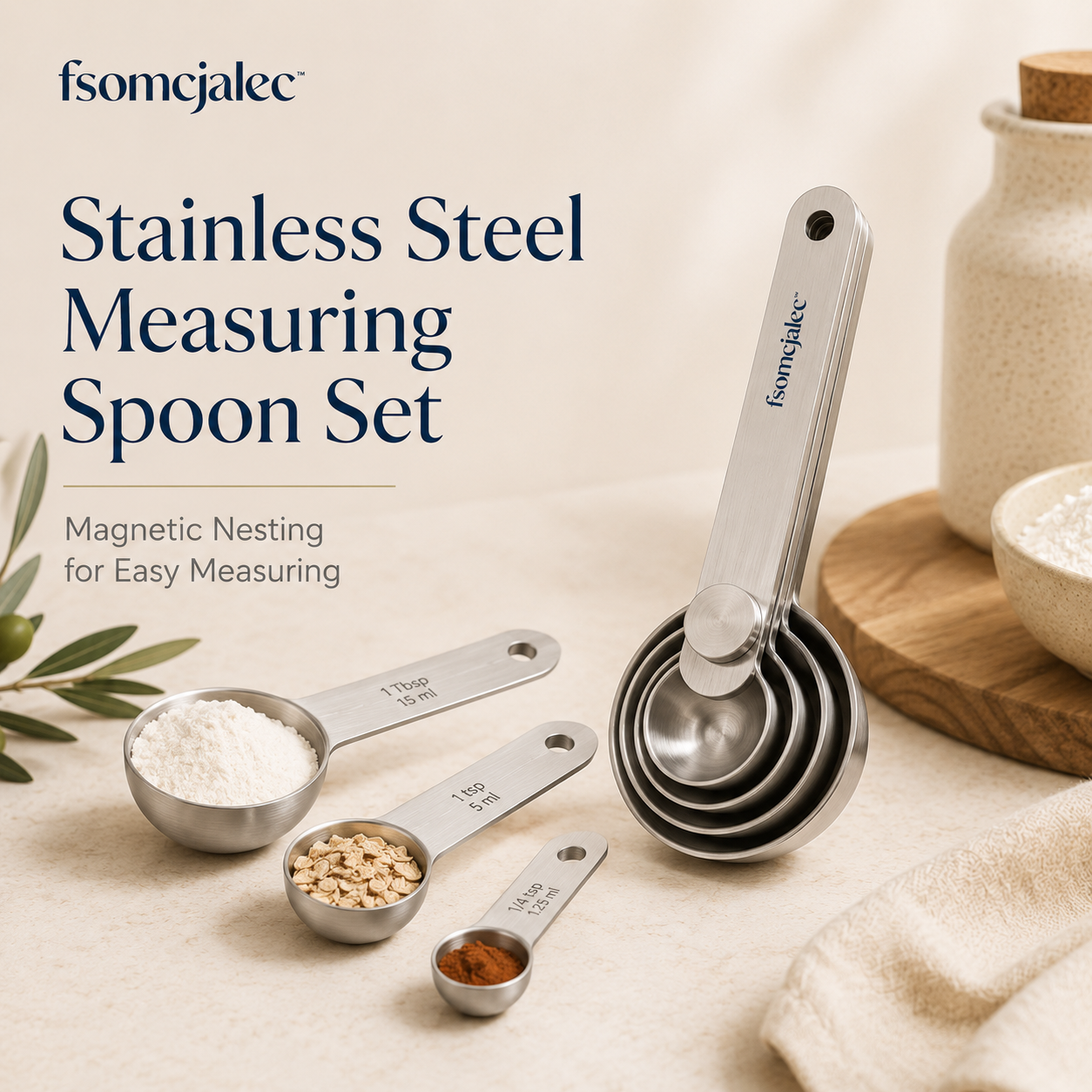fsomcjalec™ Stainless Steel Measuring Spoon Set | Magnetic Nesting Spoons for Baking & Cooking