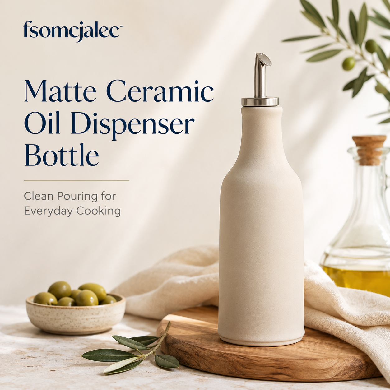 fsomcjalec™ Matte Ceramic Oil Dispenser Bottle | Olive Oil Pourer, Vinegar Cruet, Kitchen Counter Organizer