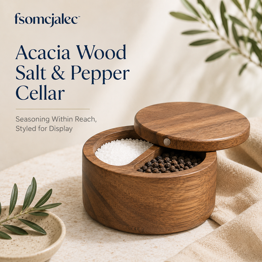 fsomcjalec™ Acacia Wood Salt & Pepper Cellar | Magnetic Swivel Lid Spice Box for Kitchen Counter