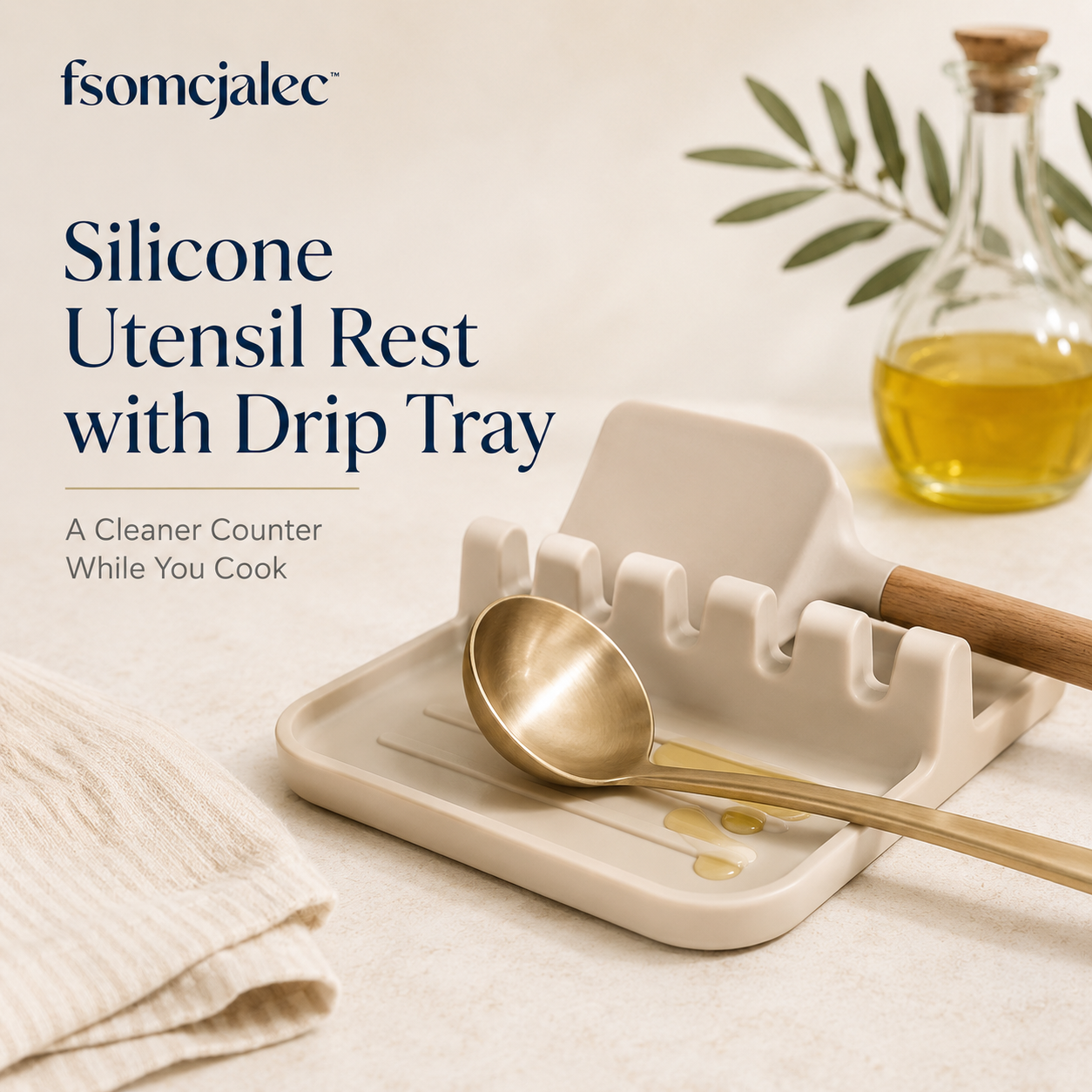 fsomcjalec™ Silicone Utensil Rest with Drip Tray | Spoon Holder for Stove Top, Kitchen Counter Protector