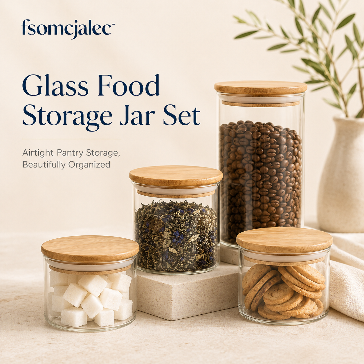 fsomcjalec™ Glass Food Storage Jar Set | Airtight Pantry Containers for Coffee, Tea, Sugar & Snacks