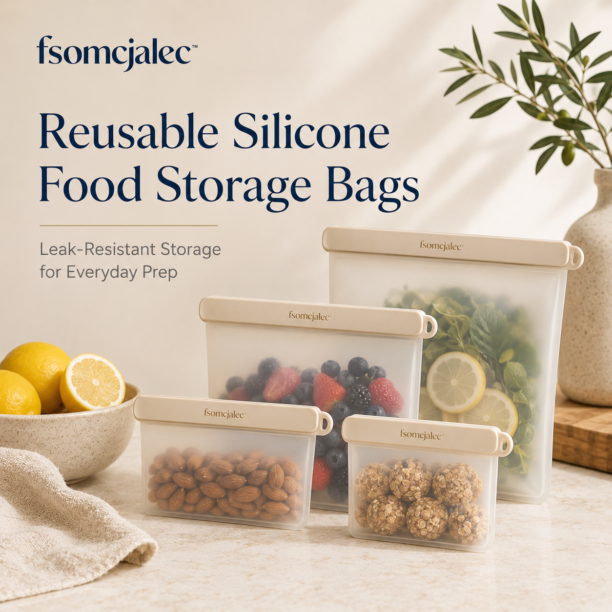 fsomcjalec™ Reusable Silicone Food Storage Bags | Leak-Resistant Freezer Bags for Snacks & Meal Prep